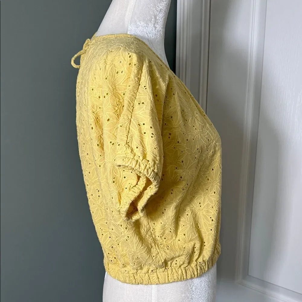 Madewell Yellow Eyelet Cropped Blouse Puff Sleeve Back Tie Small